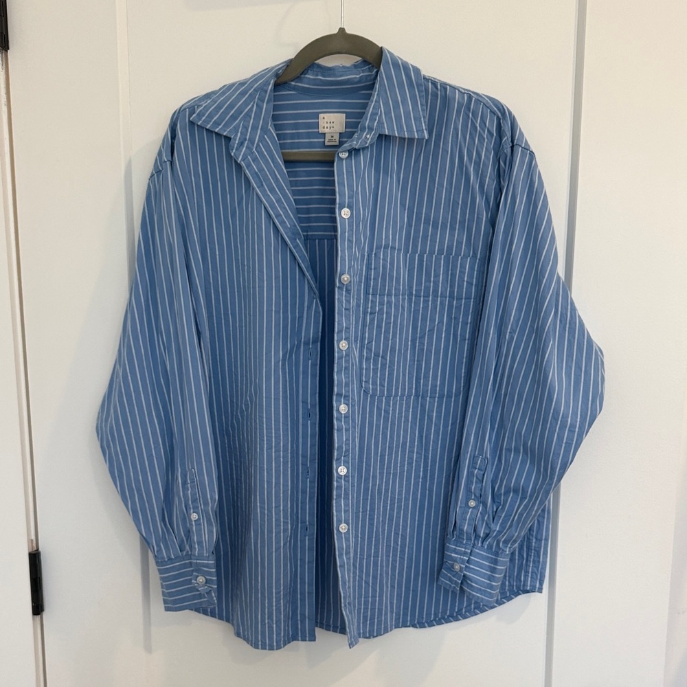 a new day Women's Light Blue Striped Button Down Shirt